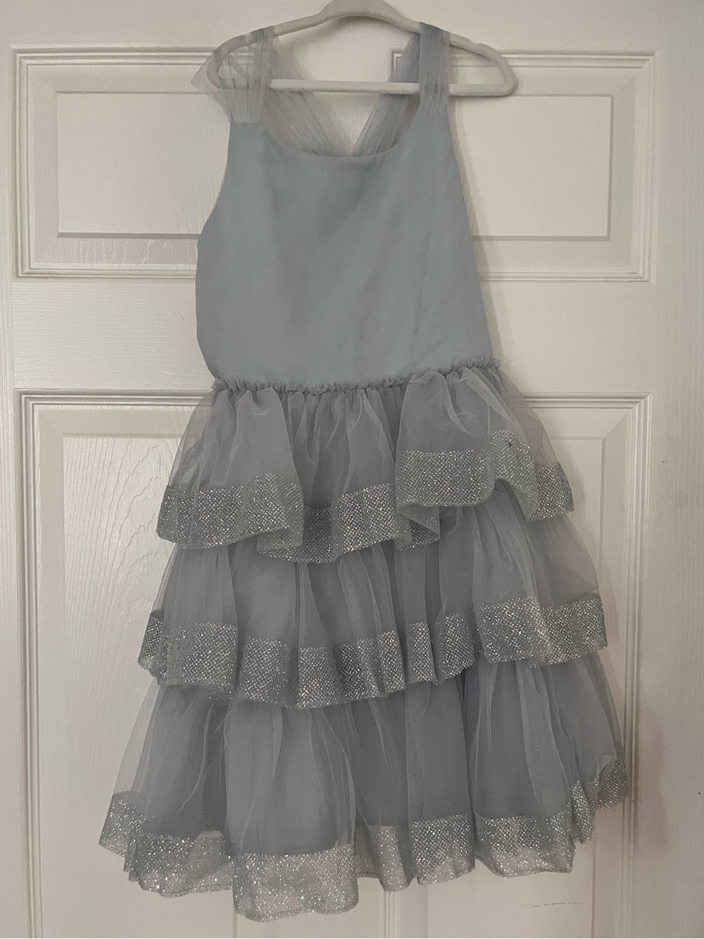 Joyfolie Silver-Trim Light Blue Tulle Tiered Dress